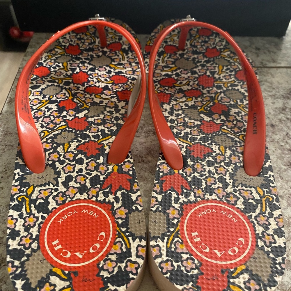 Coach Floral Orange and Red Flip Flops